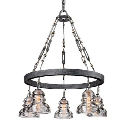 Menlo Park Chandelier by Troy in old silver. Made from hand worked iron in a cottage & farmhouse style.