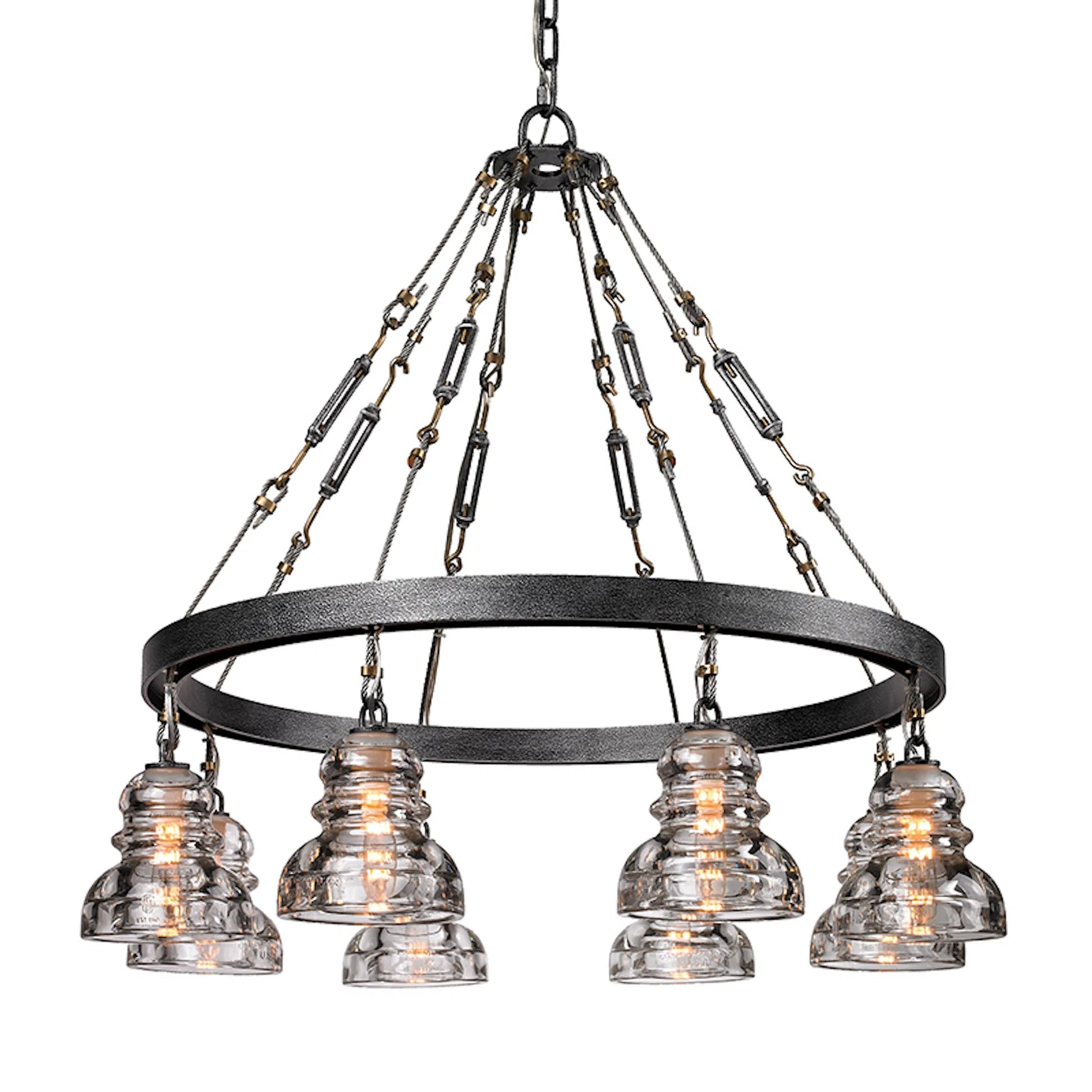 Menlo Park Chandelier by Troy in old silver. Made from hand worked iron in a cottage & farmhouse style.