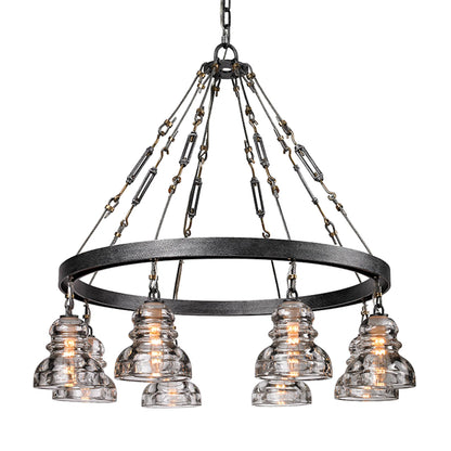 Menlo Park Chandelier by Troy in old silver. Made from hand worked iron in a cottage & farmhouse style.