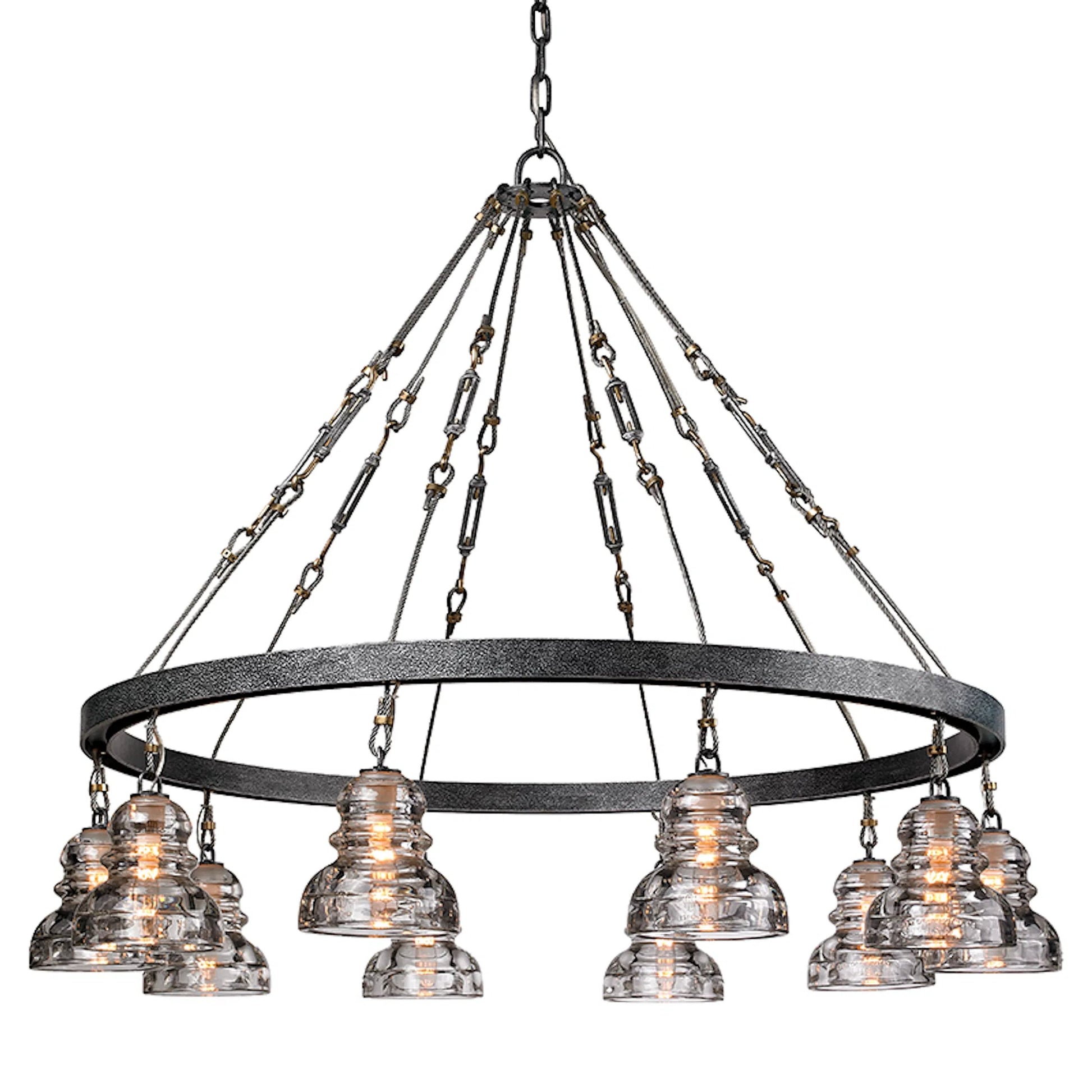 Menlo Park Chandelier by Troy in old silver. Made from hand worked iron in a cottage & farmhouse style.