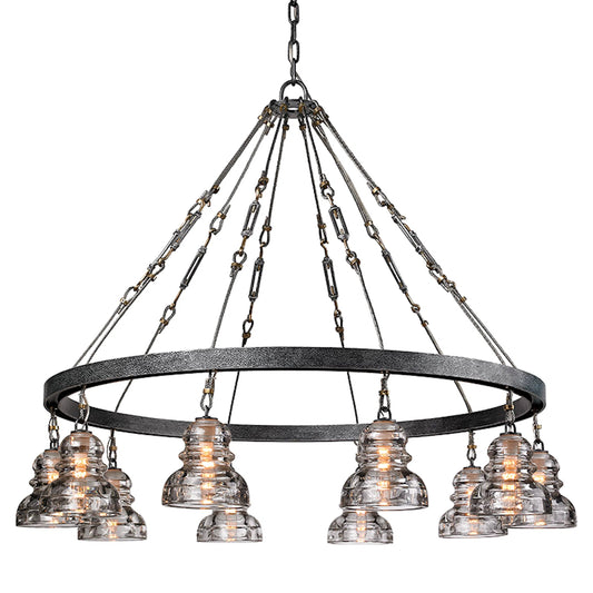 Menlo Park Chandelier by Troy in old silver. Made from hand worked iron in a unique style.