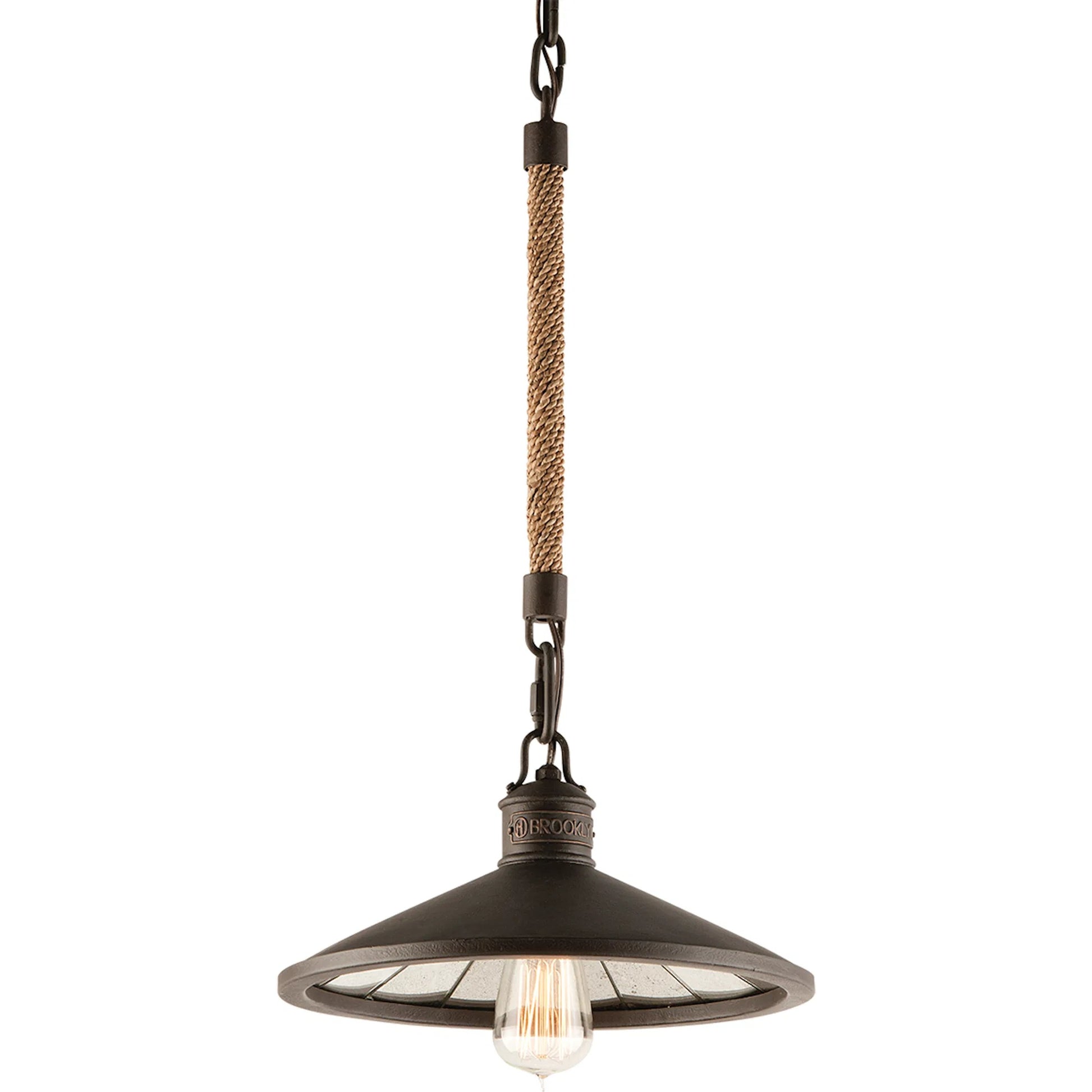 Brooklyn Mini Pendant by Troy in brooklyn bronze. Made from hand worked iron in a cottage & farmhouse style.