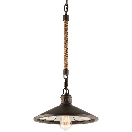 Brooklyn Mini Pendant by Troy in brooklyn bronze. Made from hand worked iron in a unique style.