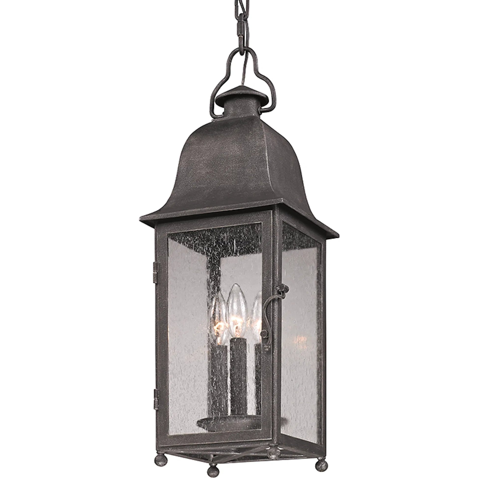 Larchmont Hanging Lantern by Troy in aged pewter. Made from hand forged iron in a traditional style.