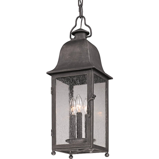 Larchmont Hanging Lantern by Troy in aged pewter. Made from hand forged iron in a traditional style.