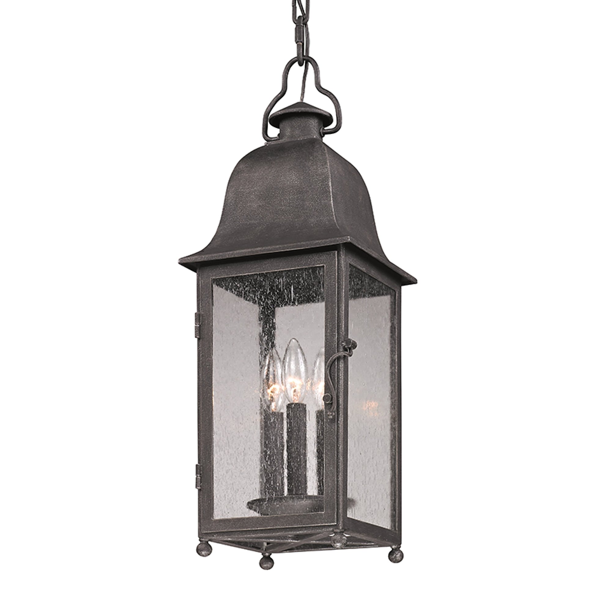 Larchmont Hanging Lantern by Troy in aged pewter. Made from hand forged iron in a traditional style.