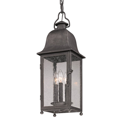 Larchmont Hanging Lantern by Troy in aged pewter. Made from hand forged iron in a traditional style.