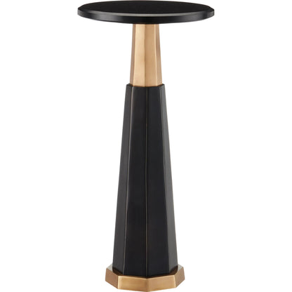 Gieves Drinks Table by Currey and Company in black, bronze, antique brass. Made from stone, cast aluminum, brass in a modern style.