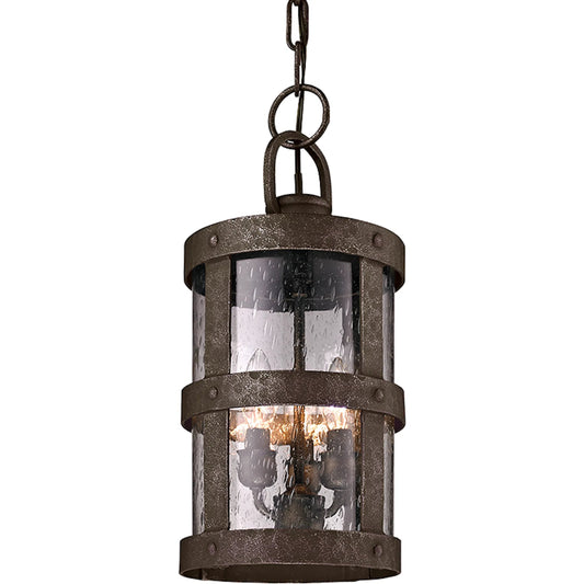 Barbosa Lantern by Troy in aged pewter. Made from hand forged iron in a unique style.