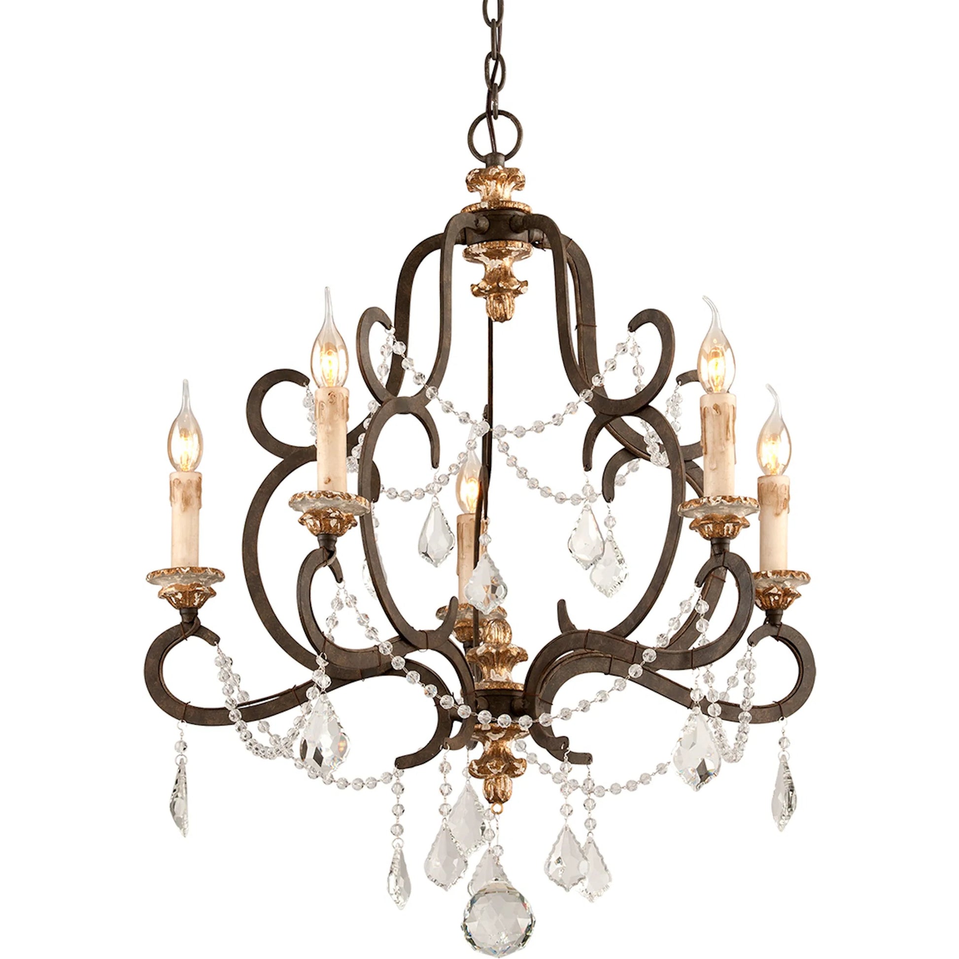 Bordeaux Chandelier by Troy in parisian brnze with distr gold le. Made from hand worked iron in a unique style.