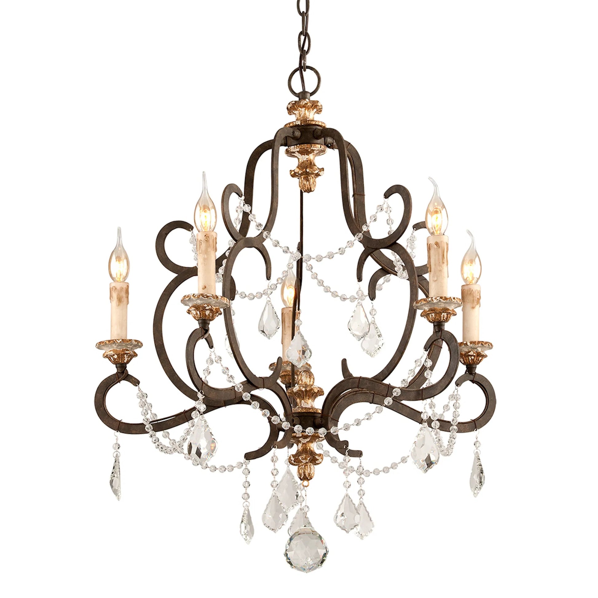 Bordeaux Chandelier by Troy in parisian brnze with distr gold le. Made from hand worked iron in a unique style.