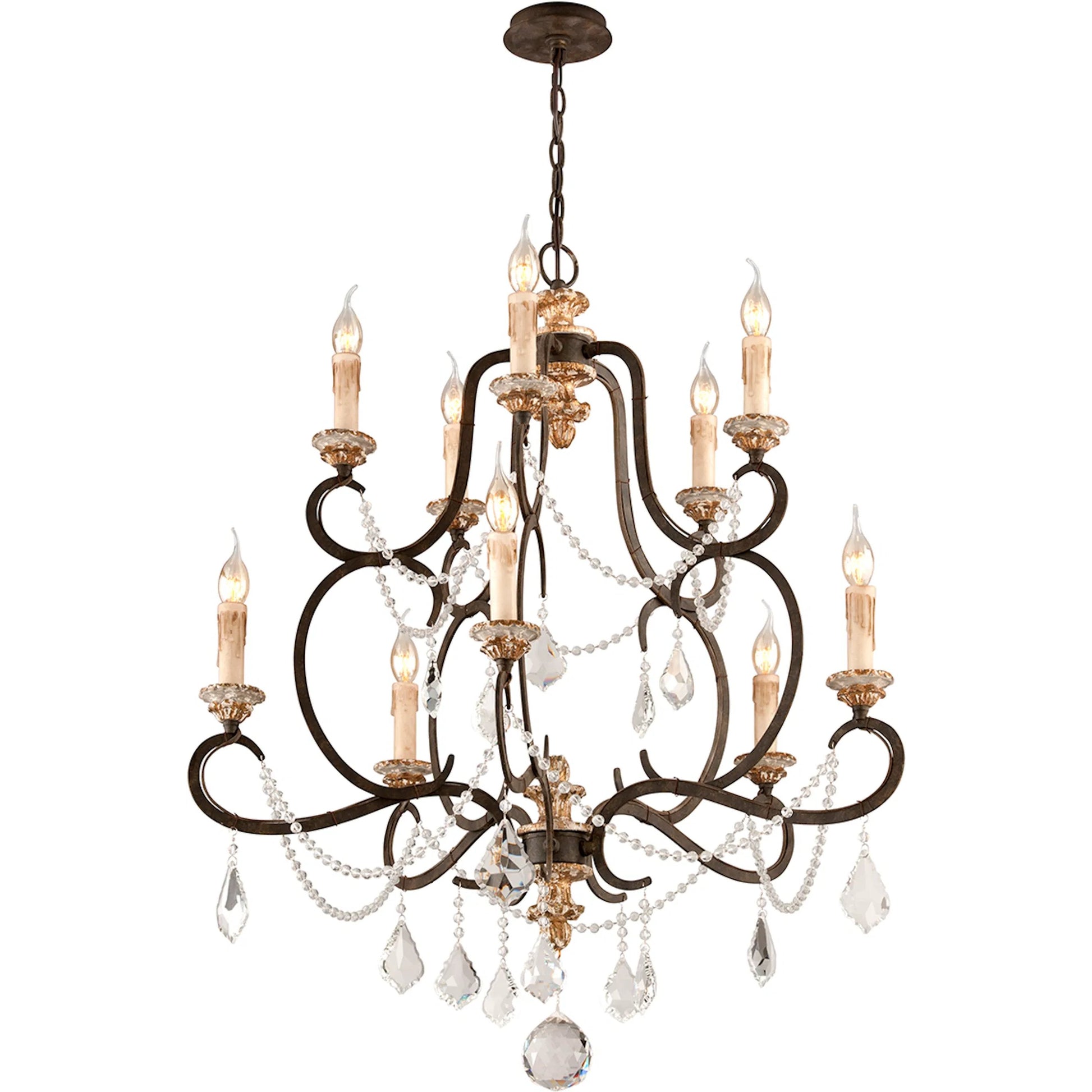 Bordeaux Chandelier by Troy in parisian bronze. Made from hand worked iron in a unique style.