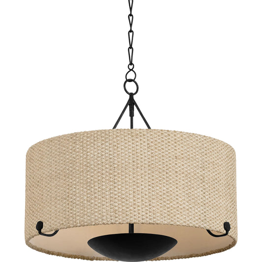 Elias Chandelier by Troy in forged iron. Made from natural woven in a unique style.