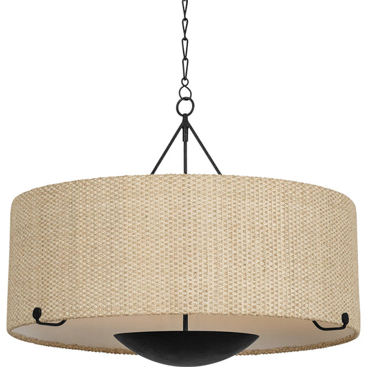 Elias Chandelier by Troy in forged iron. Made from natural woven in a unique style.