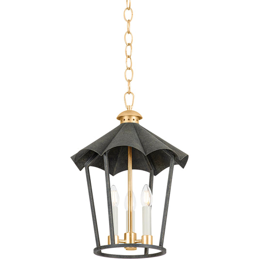 Wildomar Lantern by Troy in vintage gold leaf, french iron. Made from iron in a unique style.