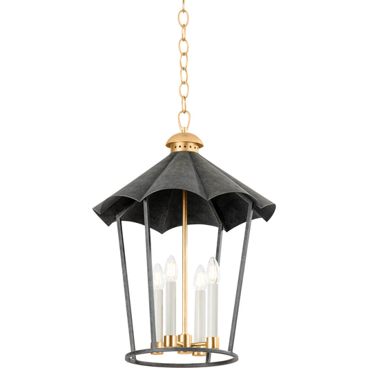 Wildomar Lantern by Troy in vintage gold leaf, french iron. Made from iron in a unique style.