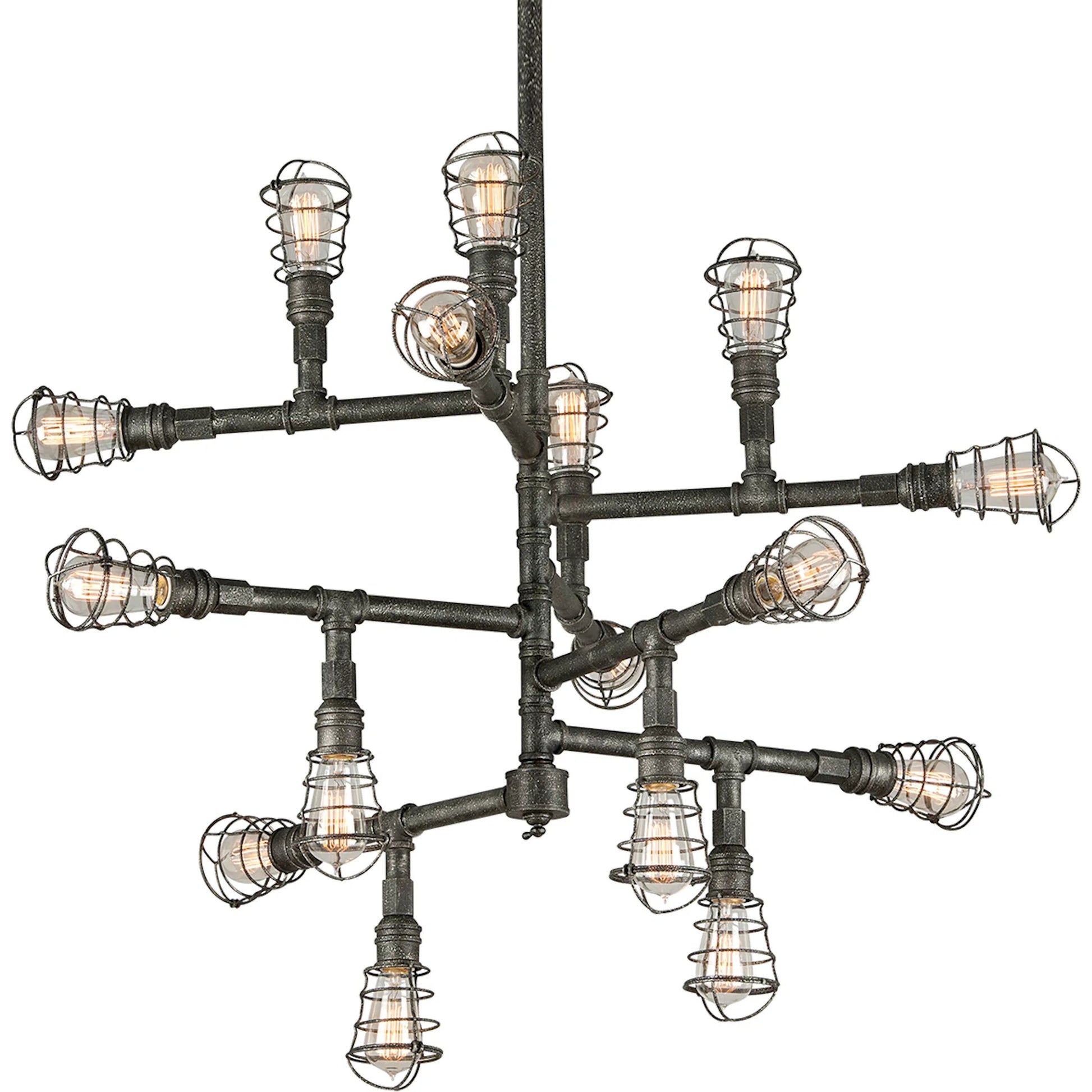 Conduit Chandelier by Troy in old silver. Made from hand worked iron in a rustic style.