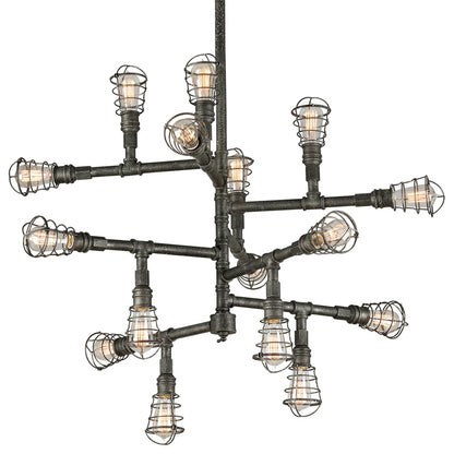 Conduit Chandelier by Troy in old silver. Made from hand worked iron in a rustic style.