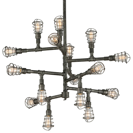 Conduit Chandelier by Troy in old silver. Made from hand worked iron in a unique style.
