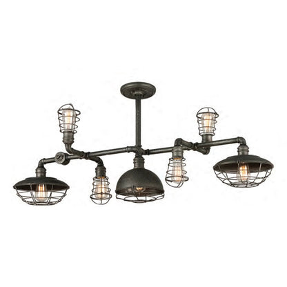 Conduit Linear Chandelier by Troy in old silver. Made from hand worked iron in a rustic style.