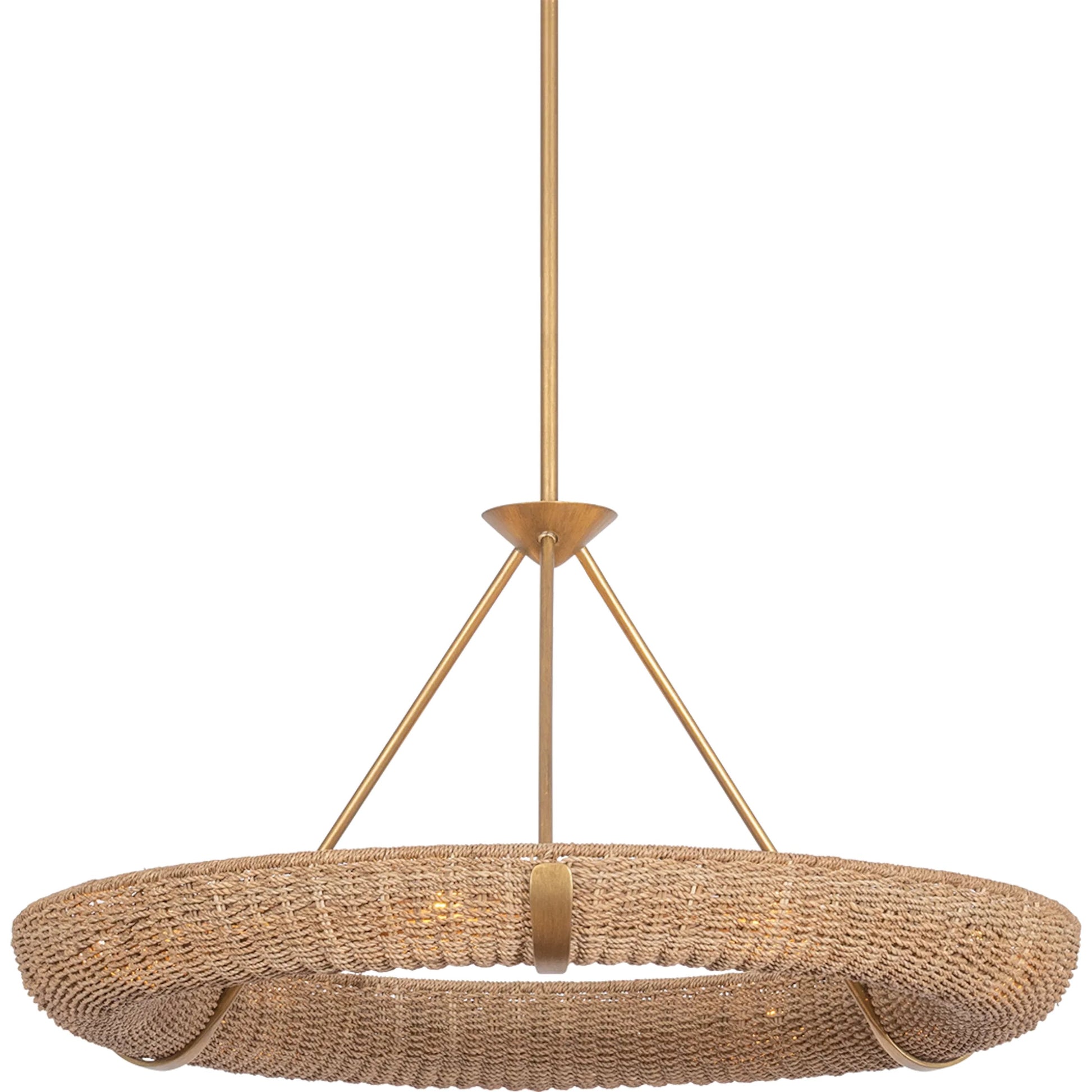 Floyd Ezra Chandelier by Troy in patina gold leaf. Made from natural woven, abaca in a unique style.