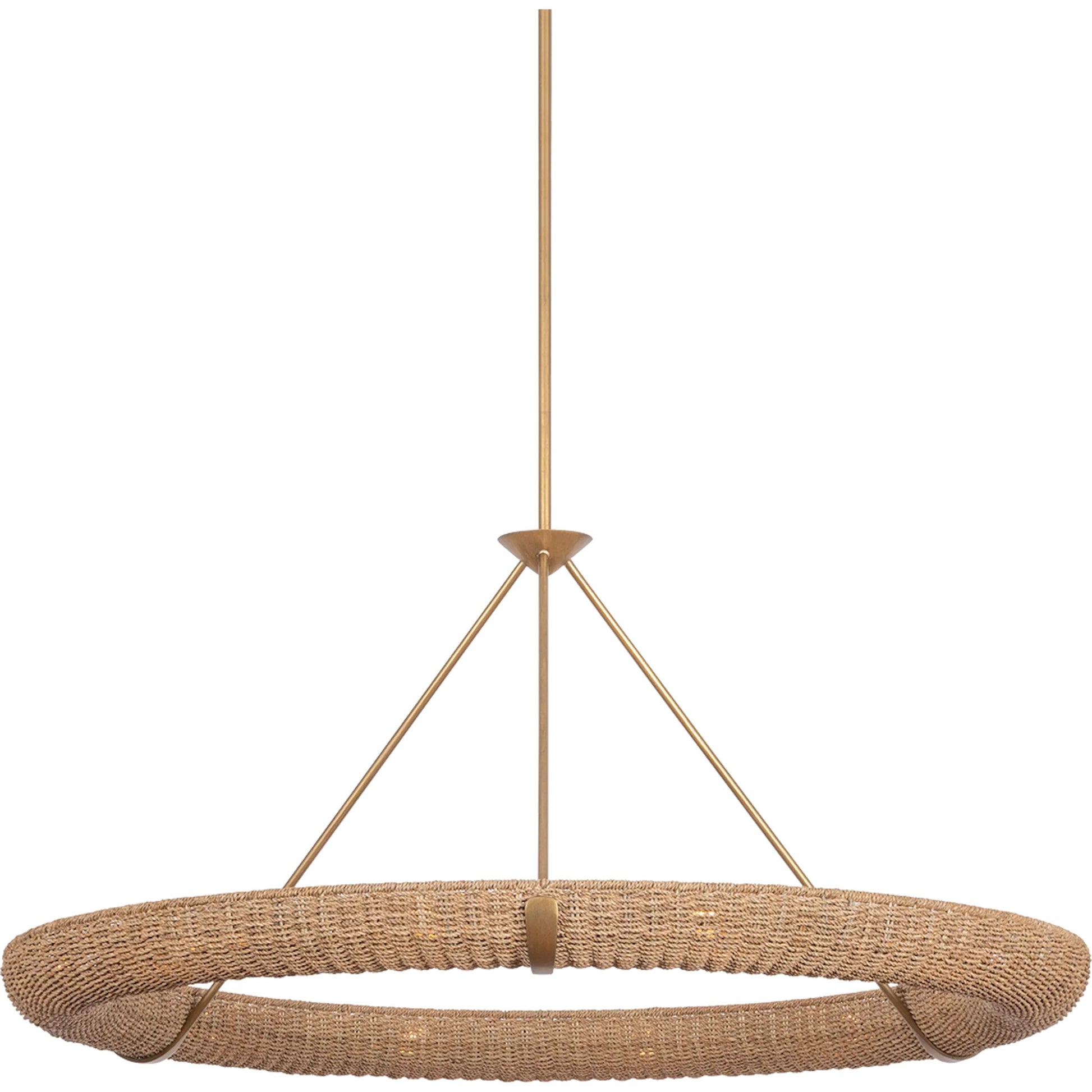 Floyd Ezra Chandelier by Troy in patina gold leaf. Made from natural woven, abaca in a unique style.