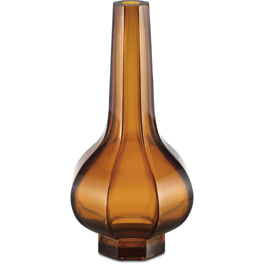 Gold Peking Stem Vase by Currey and Company in amber. Made from glass in a modern style.
