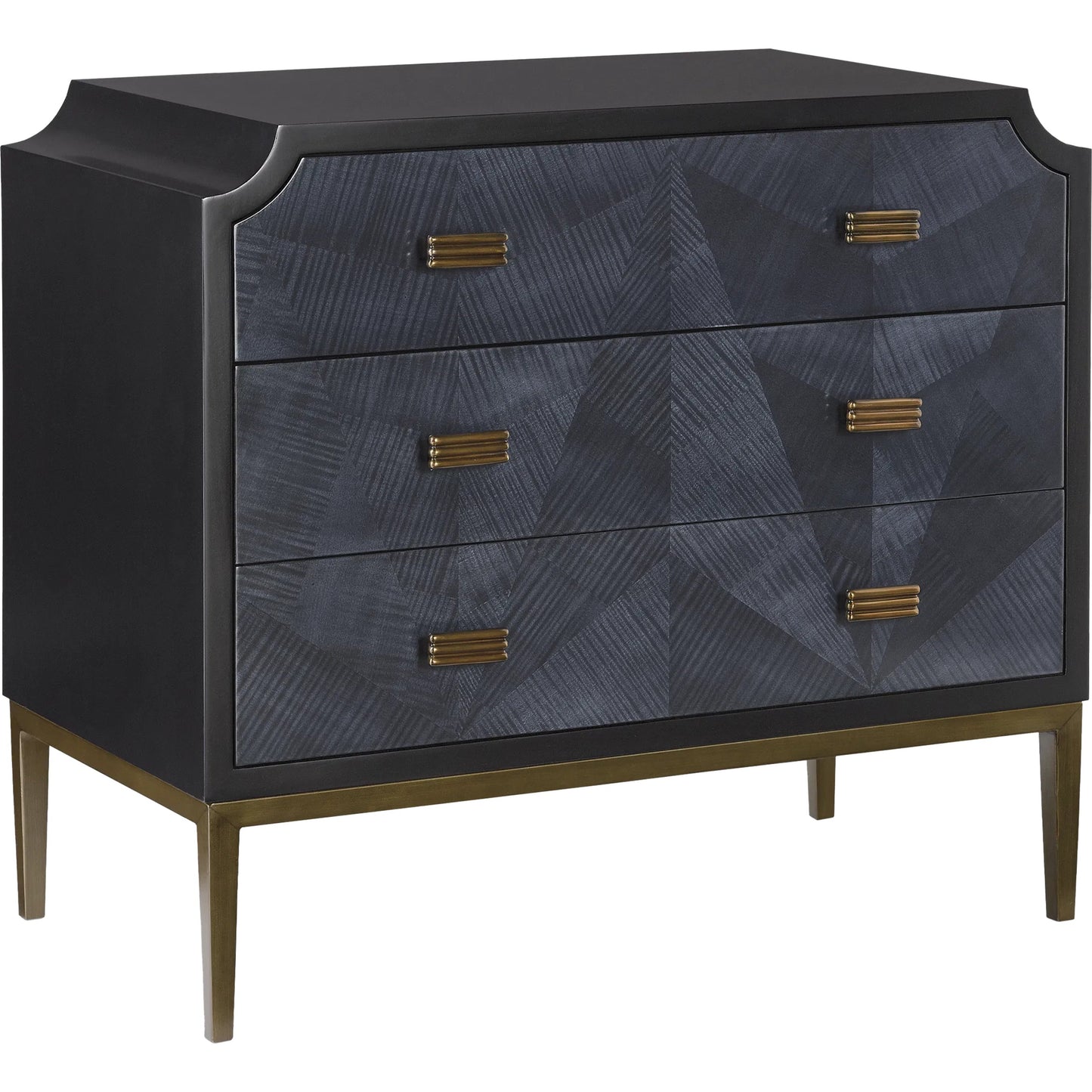 002 S-336174 | Primary Silo | Kallista Chest by Currey and Company in dark sapphire, caviar black, antique brass. Made from sycamore veneer, mahogany, engineered hardwood, brass, iron in a traditional style.
