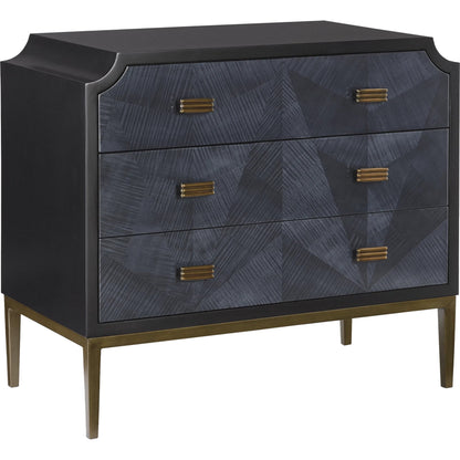 Kallista Chest by Currey and Company in dark sapphire, caviar black, antique brass. Made from sycamore veneer, mahogany, engineered hardwood, brass, iron in a traditional style.