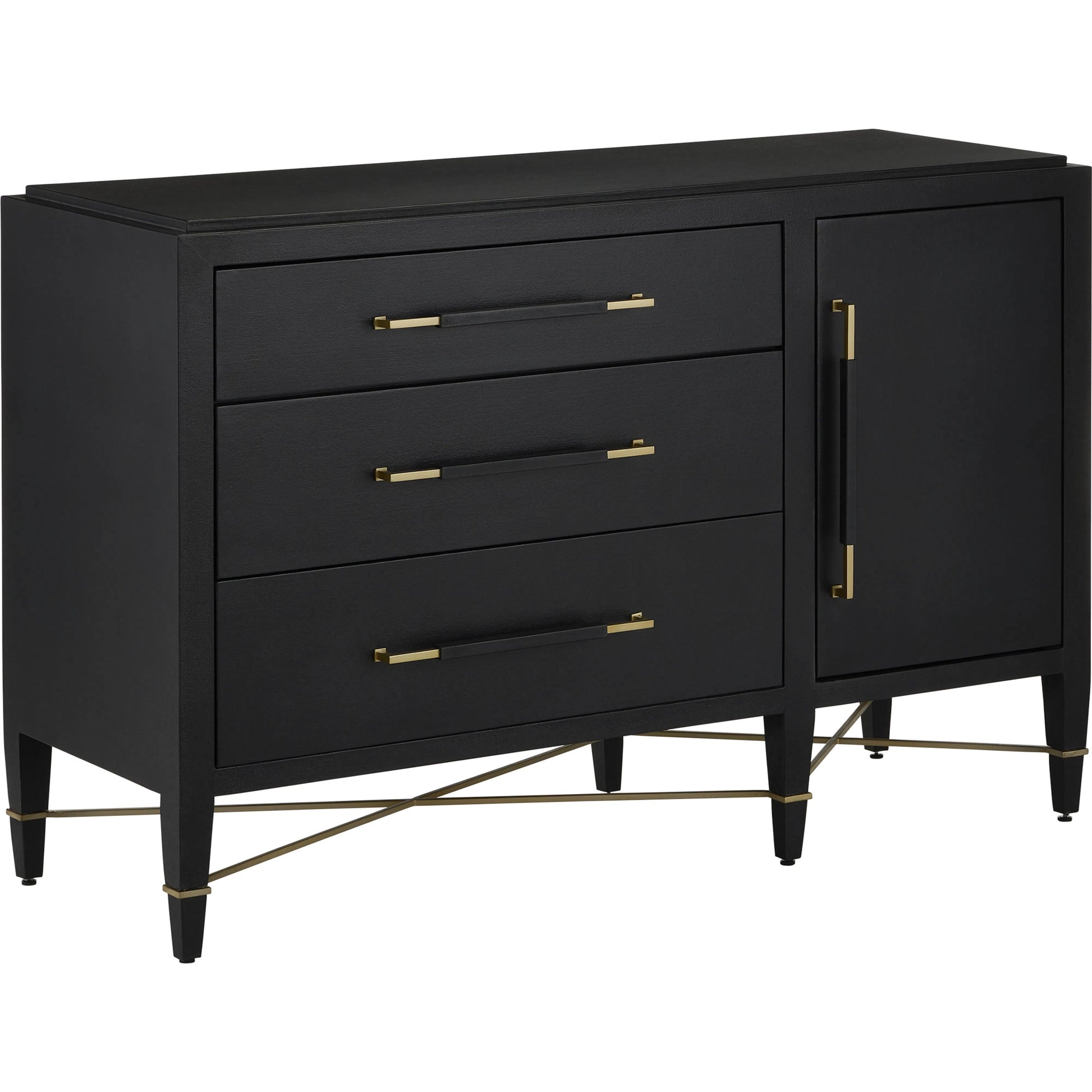 Verona Three-Drawer Chest by Currey and Company in lacquered black linen, champagne. Made from black linen, mahogany, brass, iron in a traditional style.