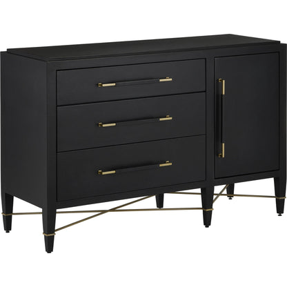 Verona Three-Drawer Chest by Currey and Company in lacquered black linen, champagne. Made from black linen, mahogany, brass, iron in a traditional style.