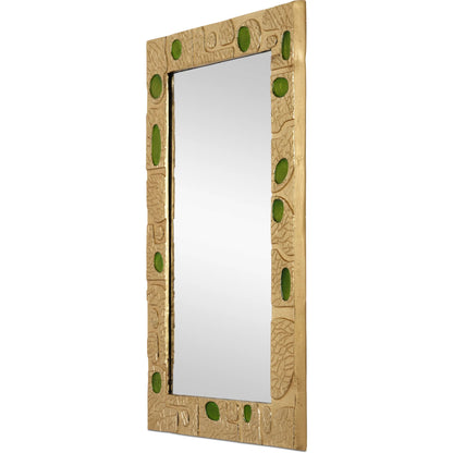 Beau Monde Mirror by Currey and Company in gold, green. Made from cast aluminum, enamel, glass in a modern style.