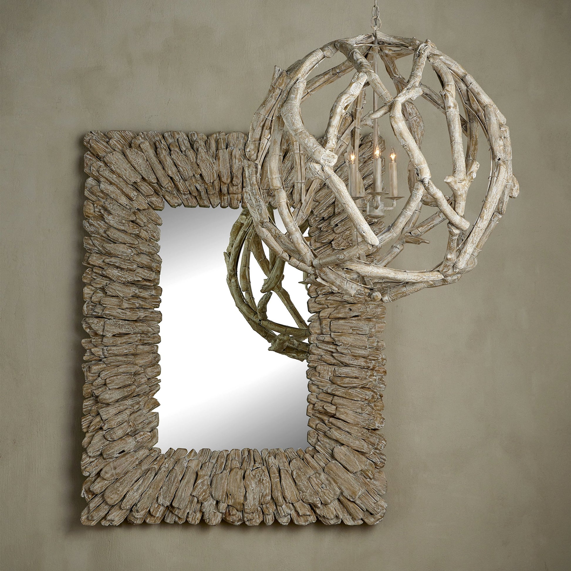 Beachhead Wash Mirror by Currey and Company in whitewashed driftwood, mirror. Made from wood, glass in a modern style.