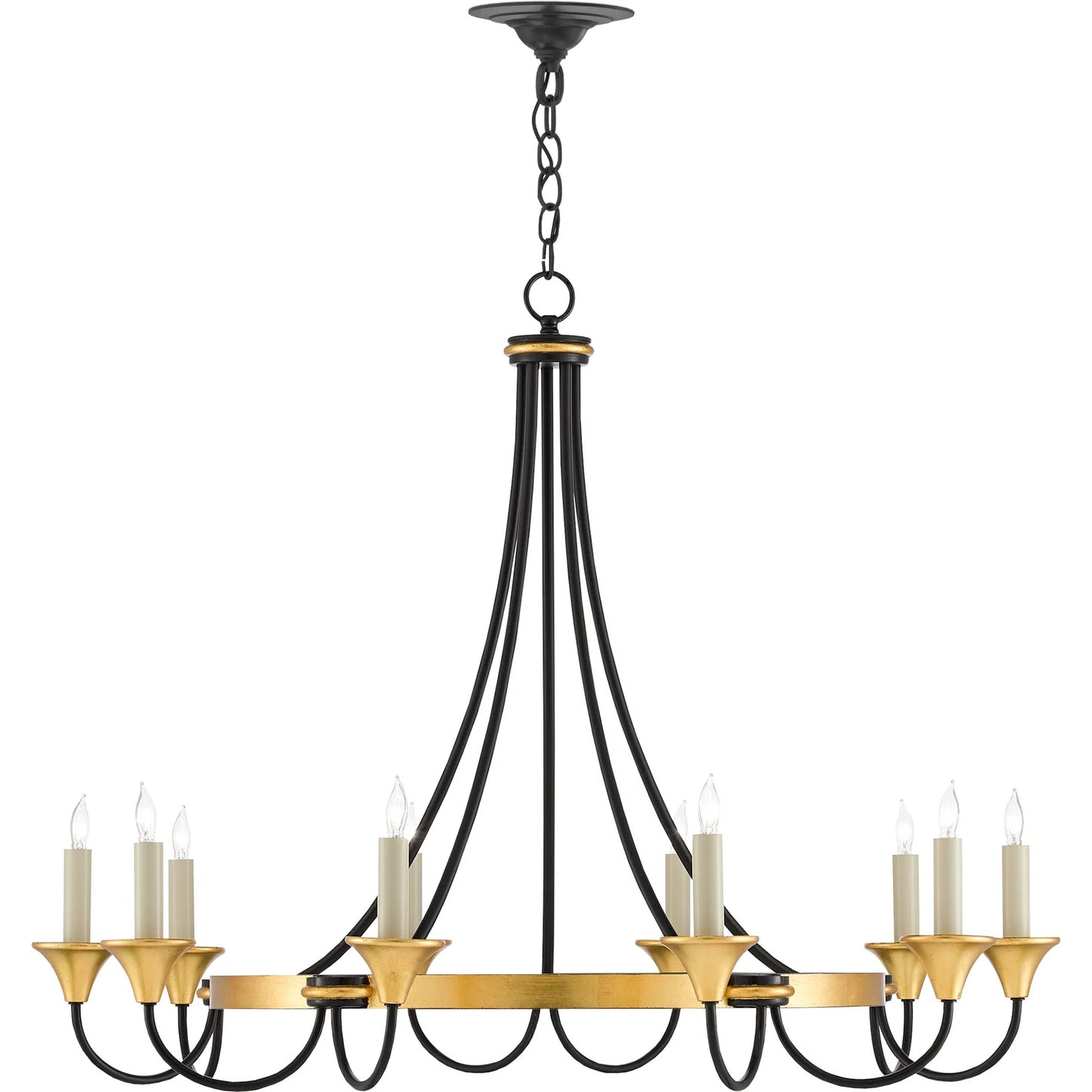 014 SR-381161 | Additional Silo | Hanlon Chandelier by Currey and Company in washed black, contemporary gold leaf. Made from metal in a transitional style.