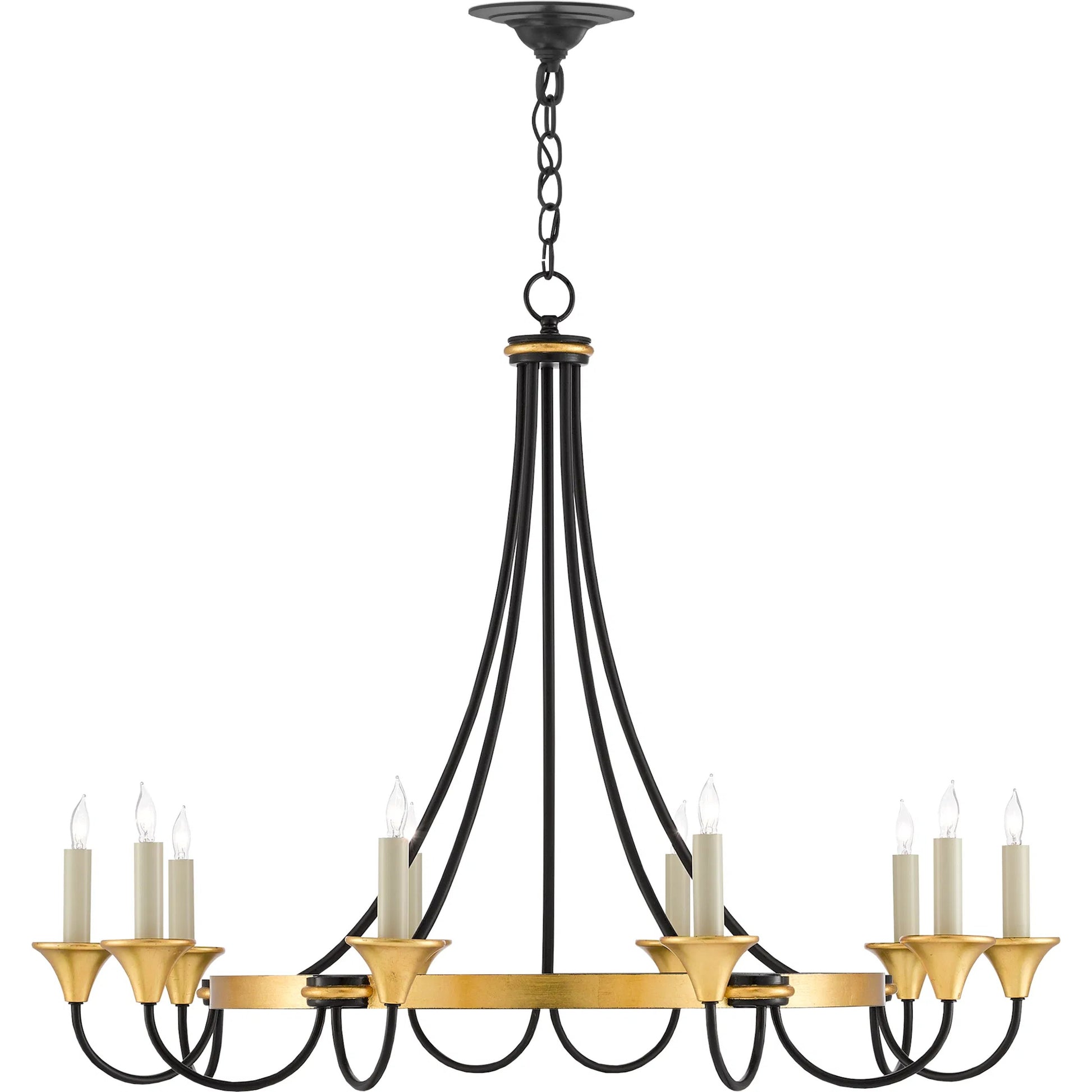 Hanlon Chandelier by Currey and Company in washed black, contemporary gold leaf. Made from metal in a transitional style.