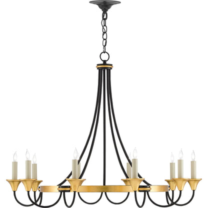 Hanlon Chandelier by Currey and Company in washed black, contemporary gold leaf. Made from metal in a transitional style.