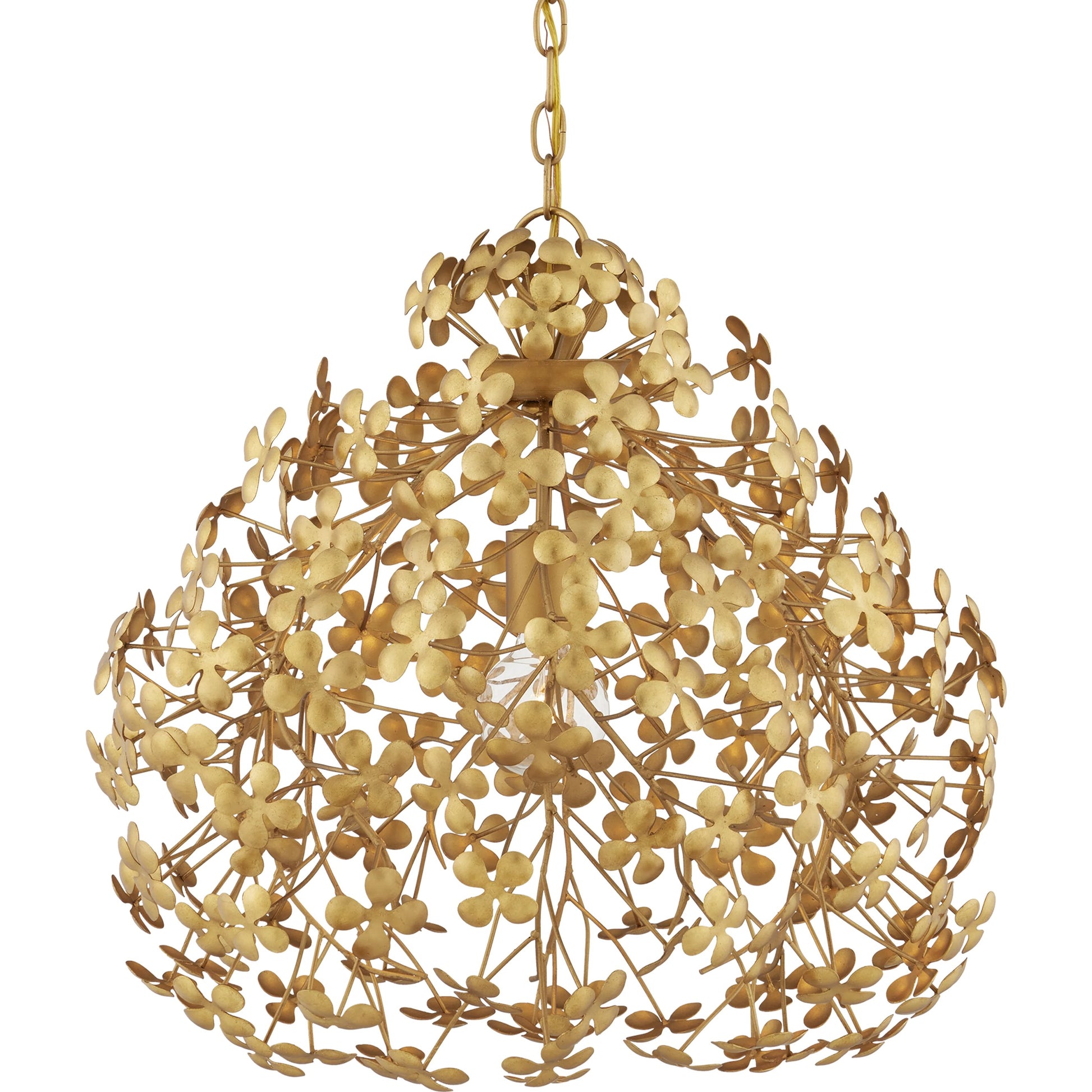 Cloverfield Pendant by Currey and Company in contemporary gold leaf. Made from wrought iron in a modern style.