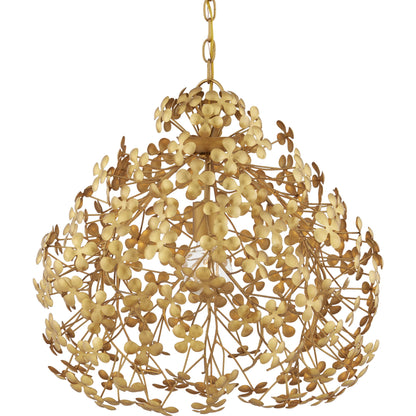 Cloverfield Pendant by Currey and Company in contemporary gold leaf. Made from wrought iron in a modern style.
