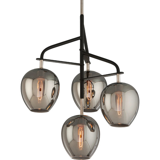 Odyssey Chandelier by Troy in textured black, polish nickel. Made from hand worked iron in a unique style.