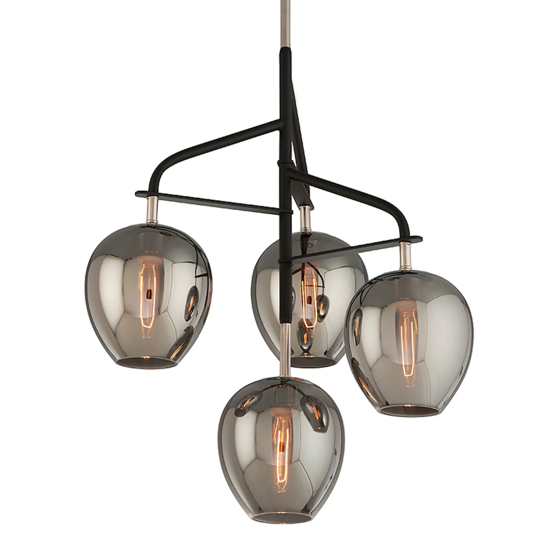 Odyssey Chandelier by Troy in textured black, polish nickel. Made from hand worked iron in a modern style.