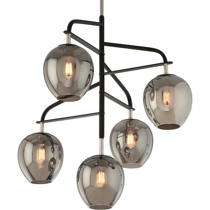 Odyssey Chandelier by Troy in textured black, polish nickel. Made from hand worked iron in a modern style.