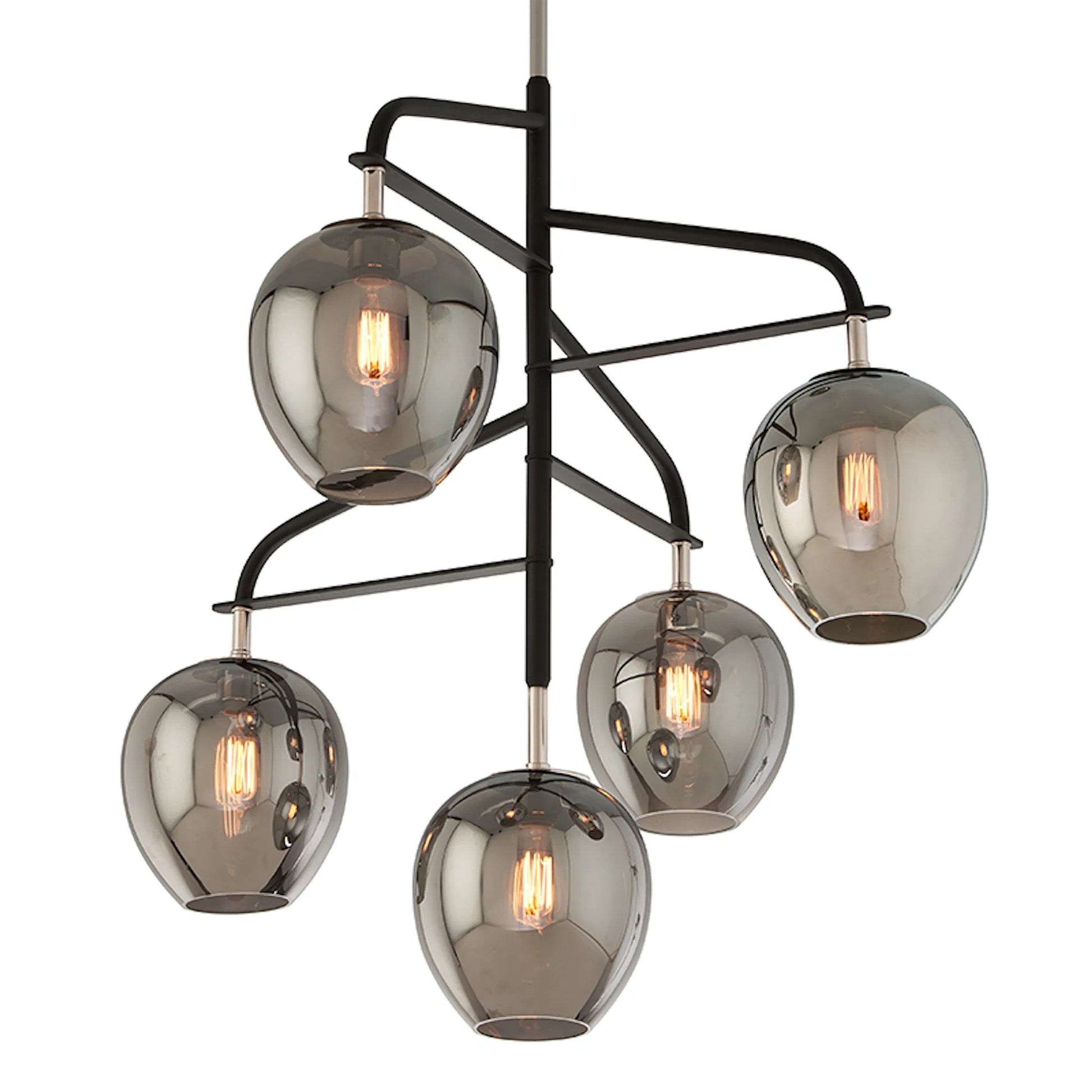 Odyssey Chandelier by Troy in textured black, polish nickel. Made from hand worked iron in a modern style.