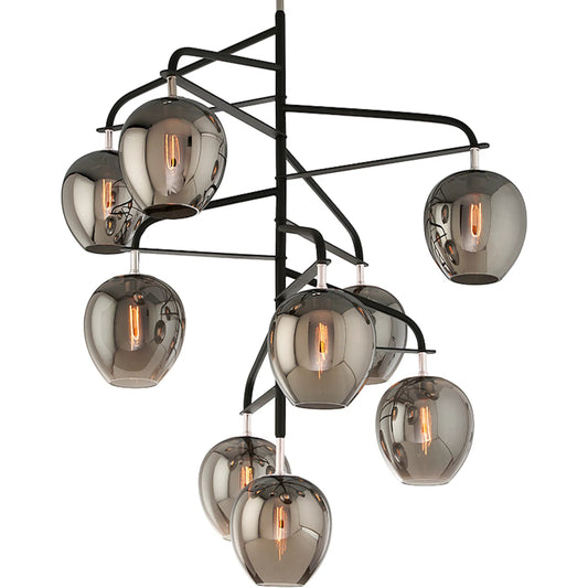 Odyssey Chandelier by Troy in texture black, polished nickel, smoke glass. Made from hand worked iron in a modern style.