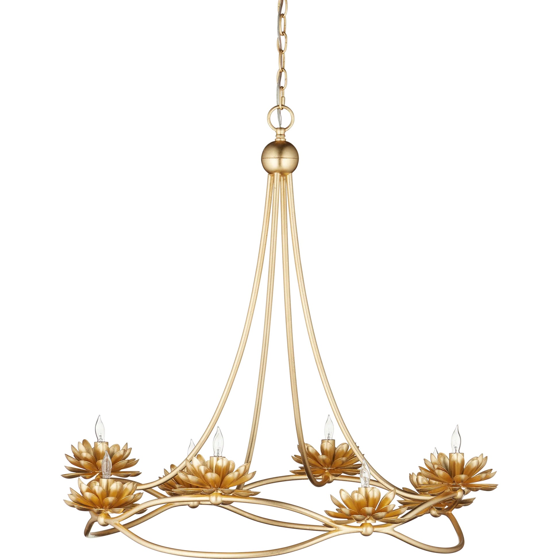 Cyrene Chandelier by Currey and Company in gold leaf. Made from wrought iron in a modern style.