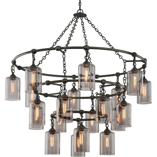 Gotham 20-Light Chandelier by Troy in aged pewter. Made from hand worked iron in a unique style.