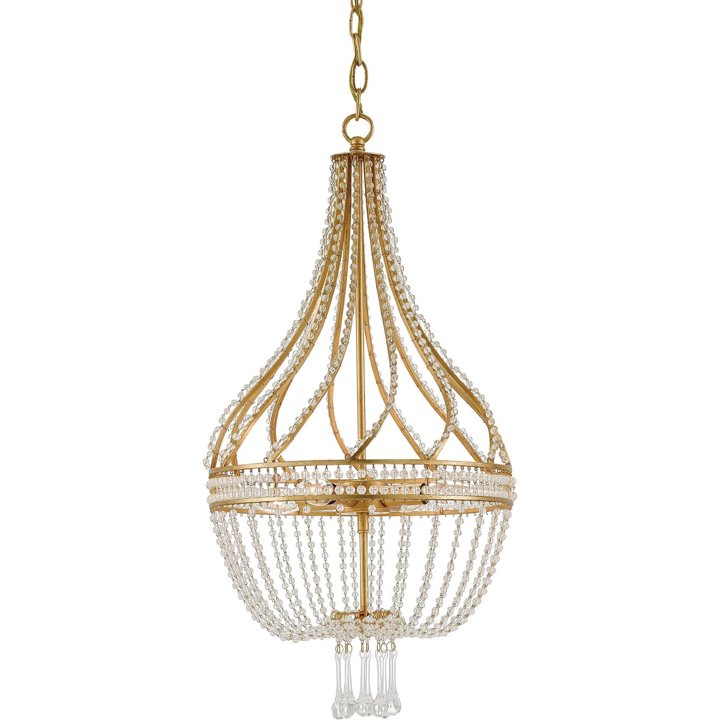 004 S-223532 | Primary Silo | Ingenue Chandelier by Currey and Company in antique gold leaf. Made from wrought iron, crystal in a traditional style.