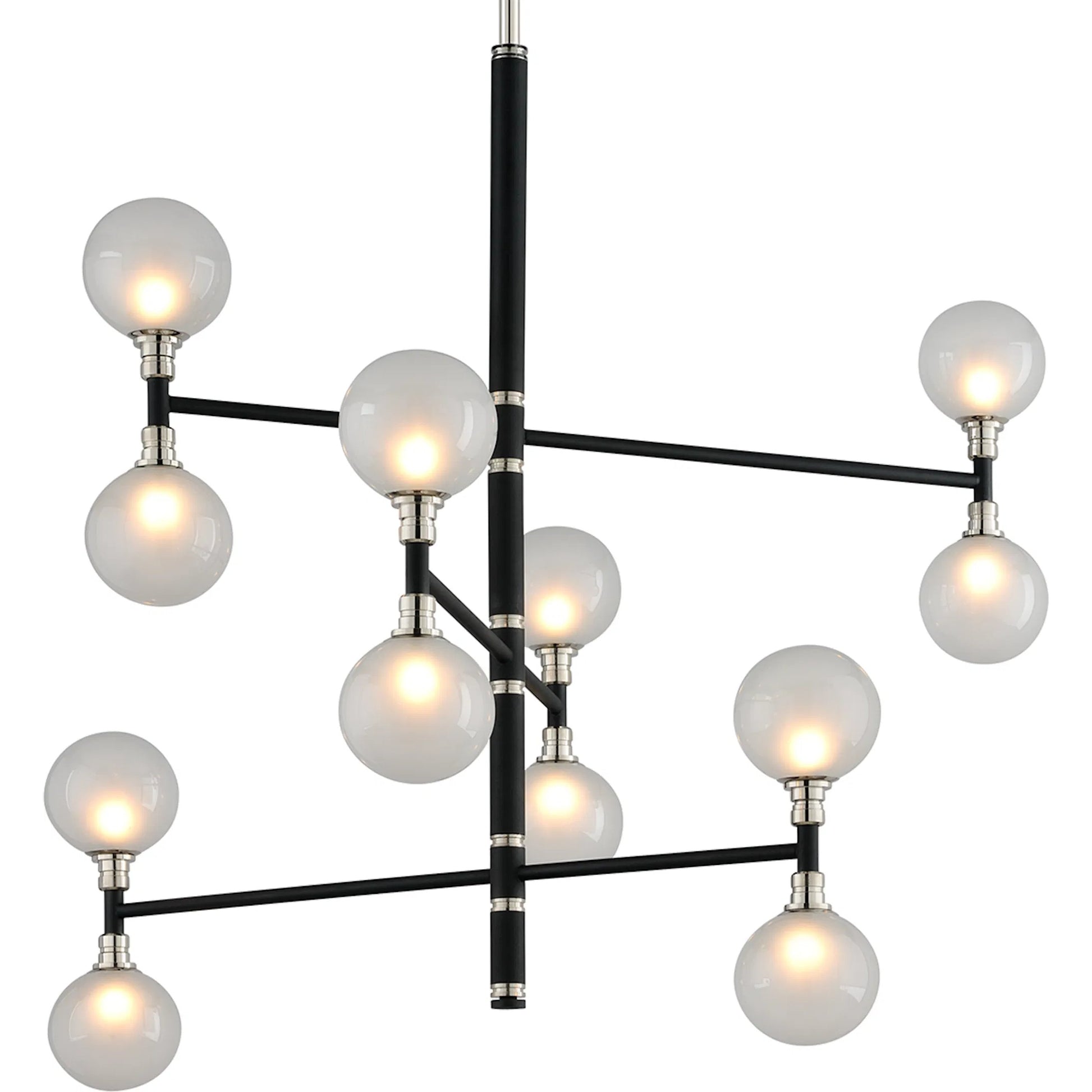 Andromeda 3 Tier Chandelier by Troy in carbide blk with polished nickel accents. Made from hand worked iron in a modern style.