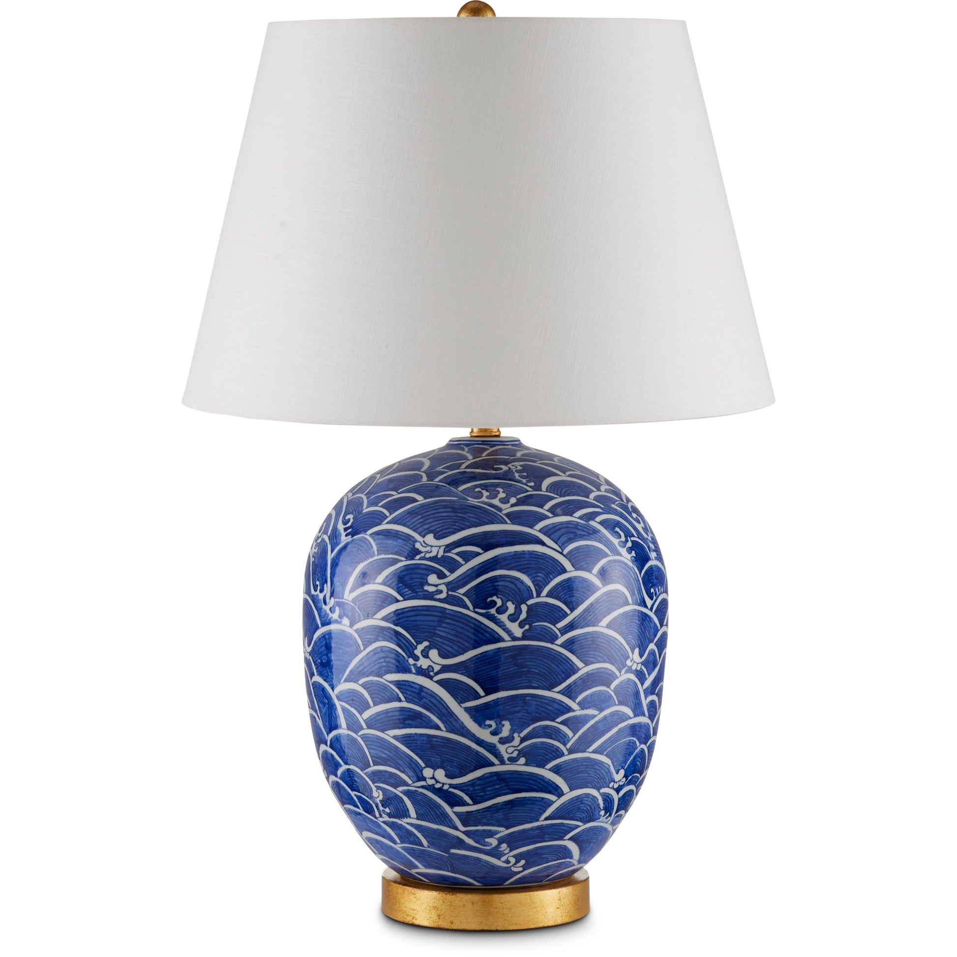 Nami Table Lamp by Currey and Company in blue, white, gold leaf. Made from porcelain, metal in a coastal style.