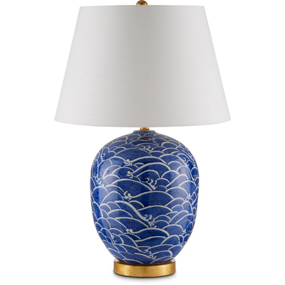 Nami Table Lamp by Currey and Company in blue, white, gold leaf. Made from porcelain, metal in a coastal style.
