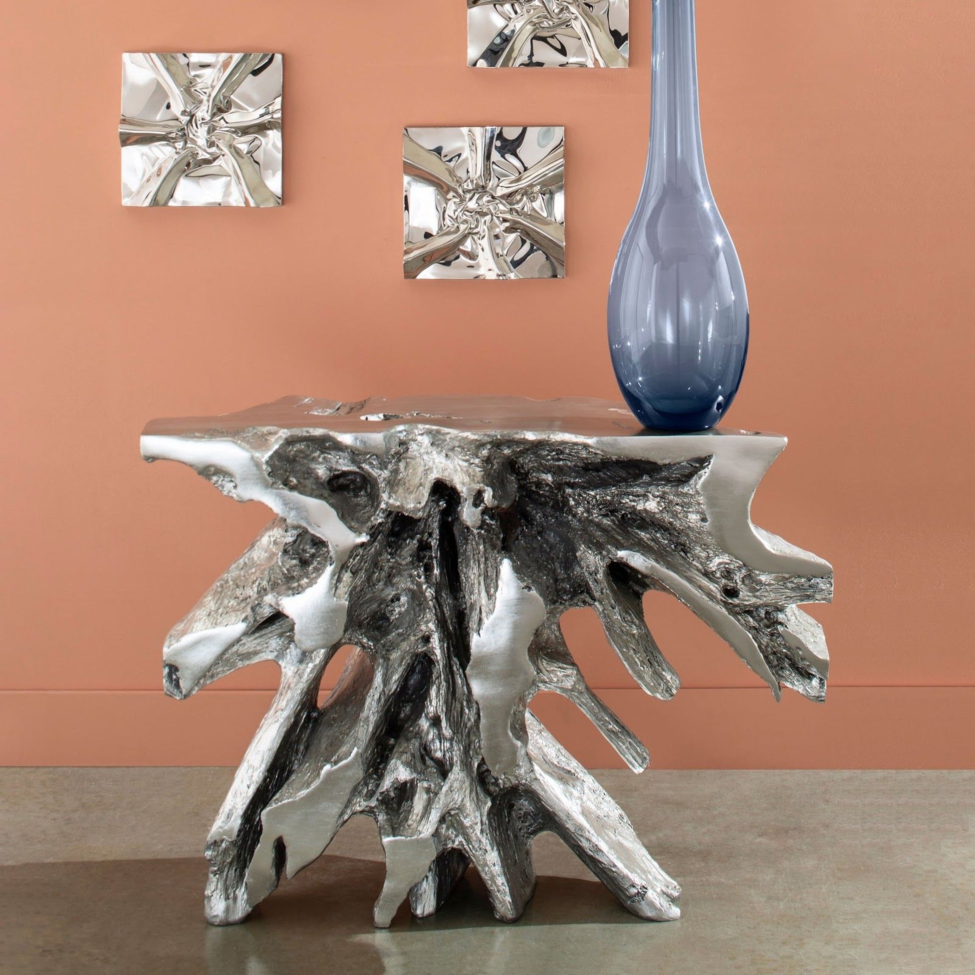 Luxe Freeform Console Table by Phillips Collection in silver and silver leaf. Made from resin in a eclectic & global style.